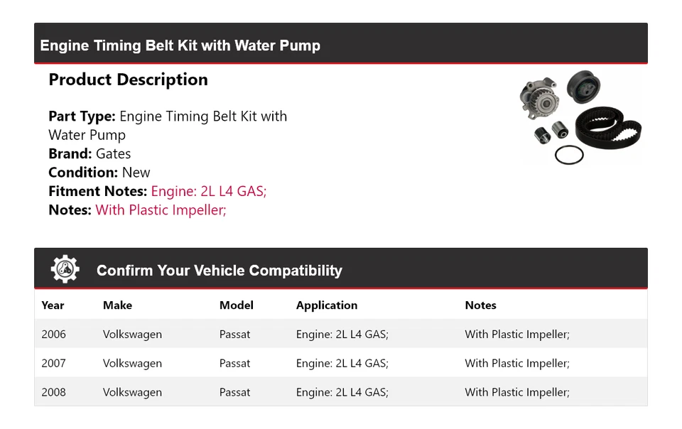Kit de correa de distribución del motor Volkswagen Passat 2006-2008 con puertas de bomba de agua Foto 2 de 3