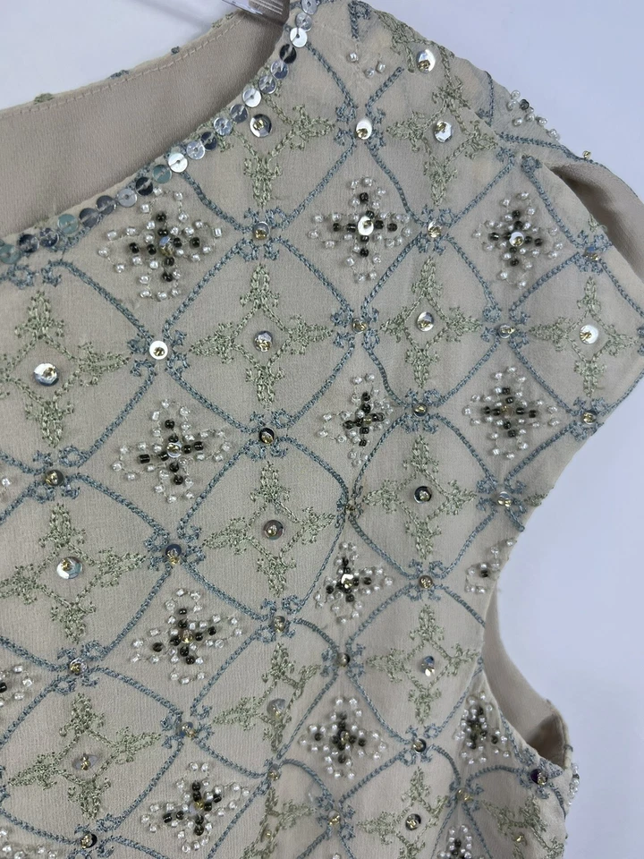 Talbots Petites Blouse Women's Size 8P Tan Sequin Embroidered Cap Slit Sleeve - Image 2 of 4