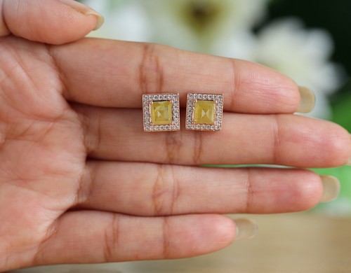 Rectangle Yellow Color Diamond Earring 14KRose White Yellow Gold Earring KDN7986 - Picture 7 of 10