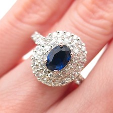 925 Sterling Silver Oval-Cut Blue Round-Cut White C Z Ring Size 6