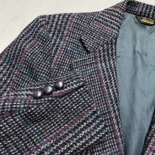 Vintage 80's Harris Tweed Blazer Plaid Wool Grey Blue Burgundy Hand woven 38S