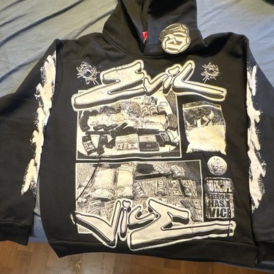 Evil Vice Men's Black Graphic Logo Pullover Hoodie Drawstring Pockets XL