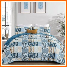 Quilt Set Queen Size Blue, 3 Pieces Summer Patchwork Plaid Bedspread Coverlet...