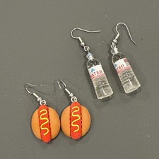 Two sets of Novelty Novelty Earrings on Silver Hooks water, and hotdogs fun gift