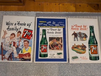 3 Vintage 1940's Fresh Up Family 7 Up Posters Soda Pop