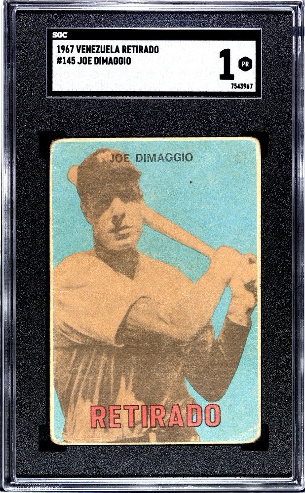 Joe DiMaggio #145 Baseball Cards 1967 Venezuela Topps trading card — raw and PSA graded price guide