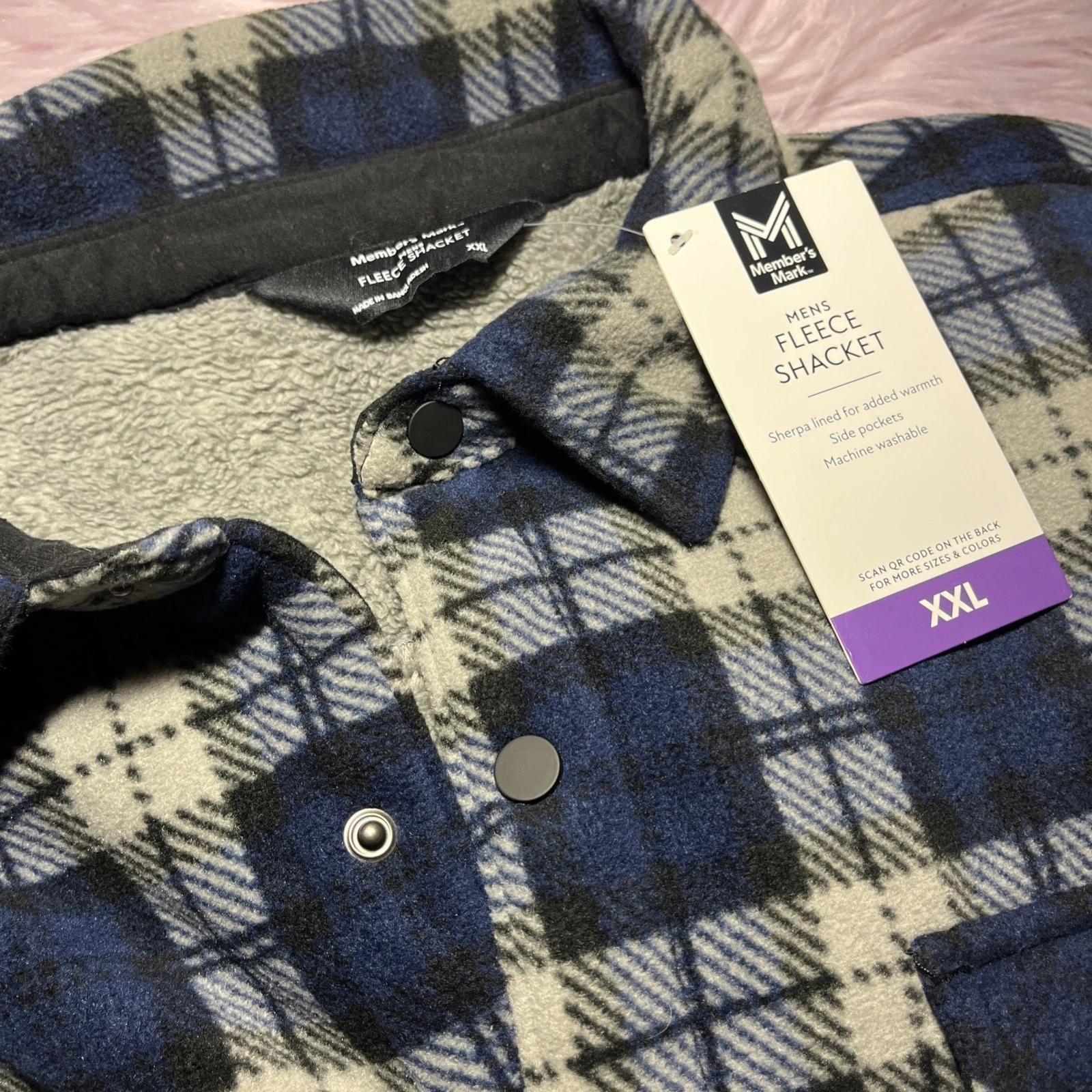 NWT Members Mark Fleece Sherpa Shacket Jacket Plaid Blue Workwear Pockets 2XL - product detail image 13