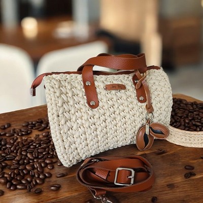 Handmade Handbag, Polyester Yarn, Genuine Leather, Gift 