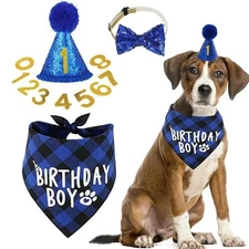 Dog Birthday Party Supplies Set Boy Girl Bandana Triangle Scarf Blue 