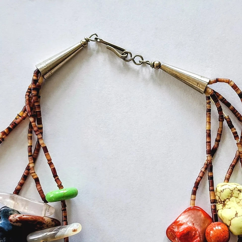 Collar De Colección Boho Capas Ónix Natural Conchas Semillas Coral Hippie Años 90 Hecho a Mano Foto 2 de 4
