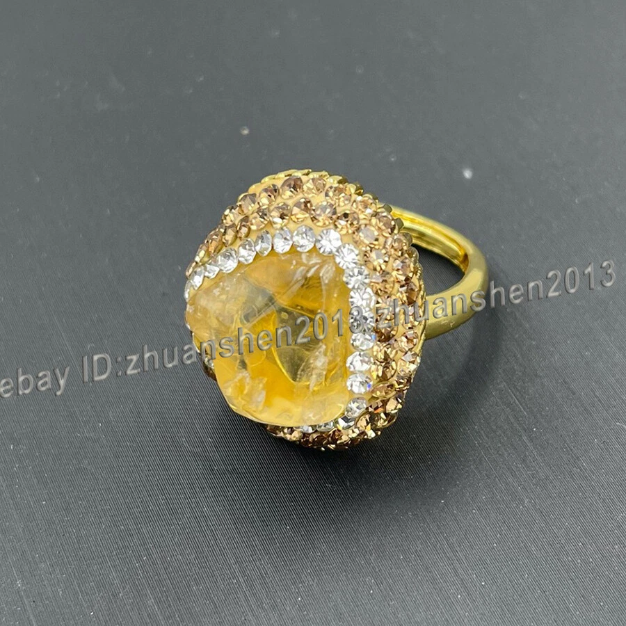 Natural Topaz Raw Gemstone  Inlay Gold Stud Earrings Ring Pendant Necklace Set  - Image 3 of 4