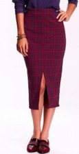 Old Navy High Rise Front Slit Stretch Pencil Midi Skirt Red/Burgundy Plaid L