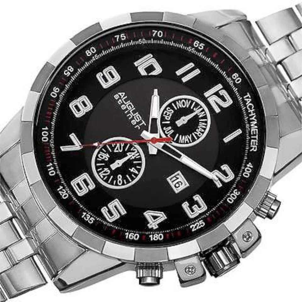 NEW August Steiner AS8153SSB Men's Swiss Month Date GMT Black Dial Silver Watch - Image 2 of 4