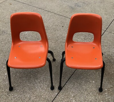 2 Orange & Black Kids Small Fiberglass Chairs Eames Style MCM Vintage