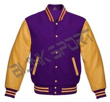 Letterman Baseball Varsity Bomber Purple Wool Body & Gold Leather Sleeves jacket