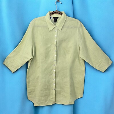 E-Col-O-Gie Irish Linen Button Down Shirt 3/4 Sleeve Woman 1X Green Lagenlook