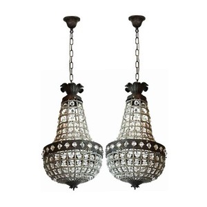 2 Vintage Empire Crystal Basket Brass Acanthus Finial Ceiling