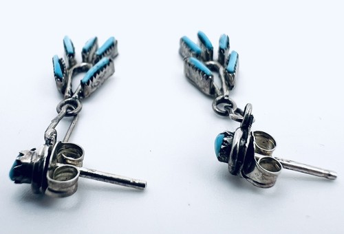 Orecchini pendenti vintage Zuni argento sterling punto ago turchese palo e pendente - Foto 9 di 10