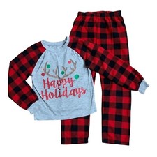 Christmas Pajama Lounge Reindeer Plaid 2 Piece Set Shirt Pant Red Gray Deer 6/7
