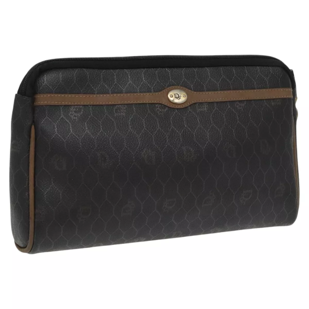Christian Dior sac pochette toile nid d'abeille PVC cuir noir or authentique 96732