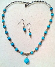 NEW FAUX TURQUOISE AND SILVER DROP NECKLACE AND EARRING SET