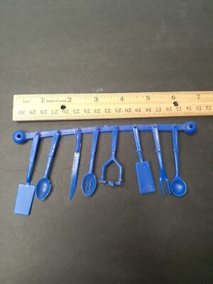 Dollhouse Miniature Mini KITCHEN UTENSILS on hanging rack 2'' 3'' blue  
