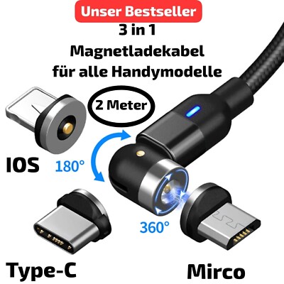 3in1 Magnetische LED Ladekabel Magnet für Samsung iPhone Micro USB Kabel Type C