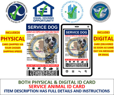 SERVICE DOG ID CARD - CUSTOMIZABLE 2 SIDED PHYSICAL & DIGITAL CARD INCLUDED