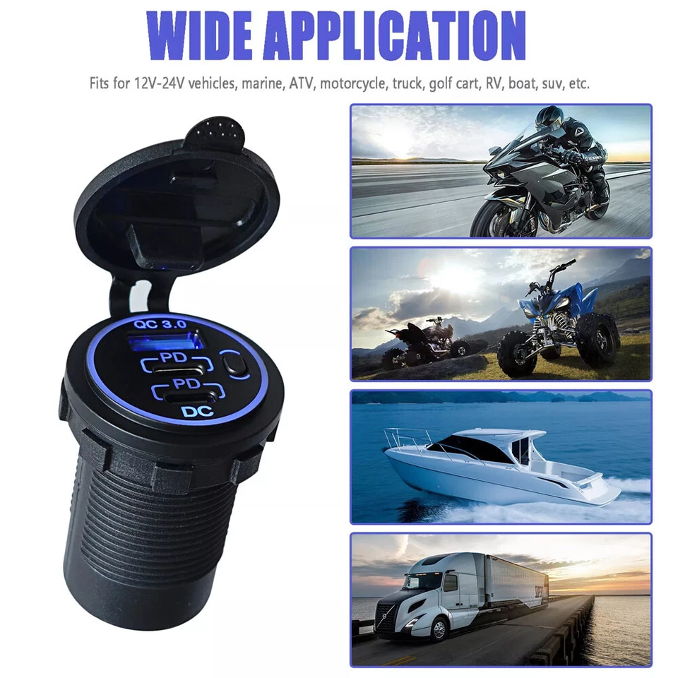 Cable de toma USB para automóvil de 12 V cargador USB multi puerto PD3.0 USB-C QC 3.0 carga rápida Foto 3 de 4