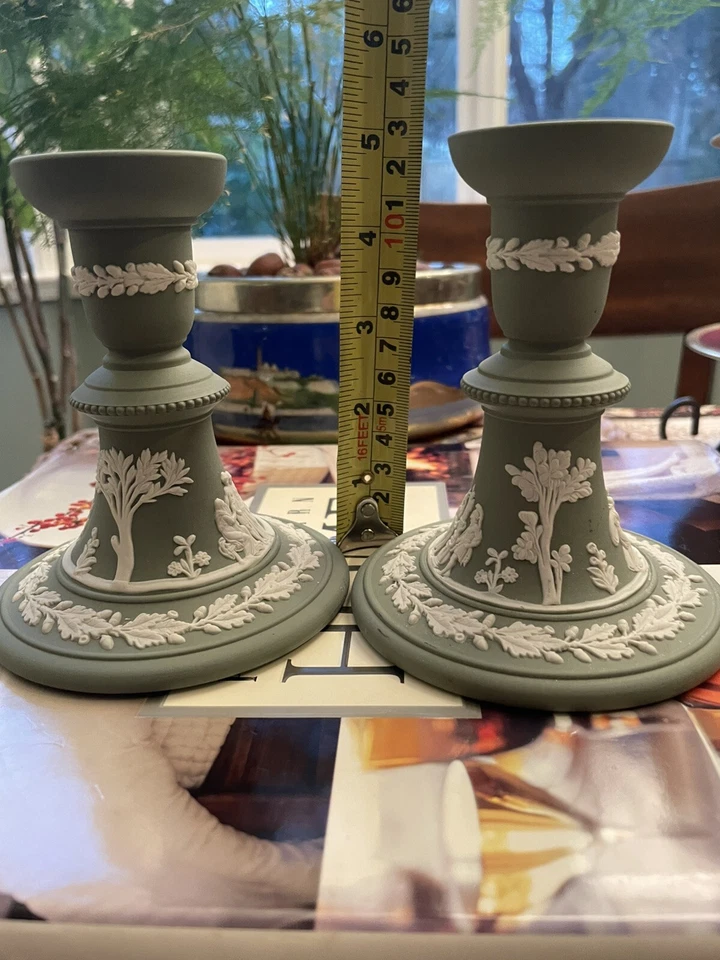 Wedgwood Jasperware Neoclassical Sage Green 2 Candle Holders ~5” Tall - Image 4 of 4