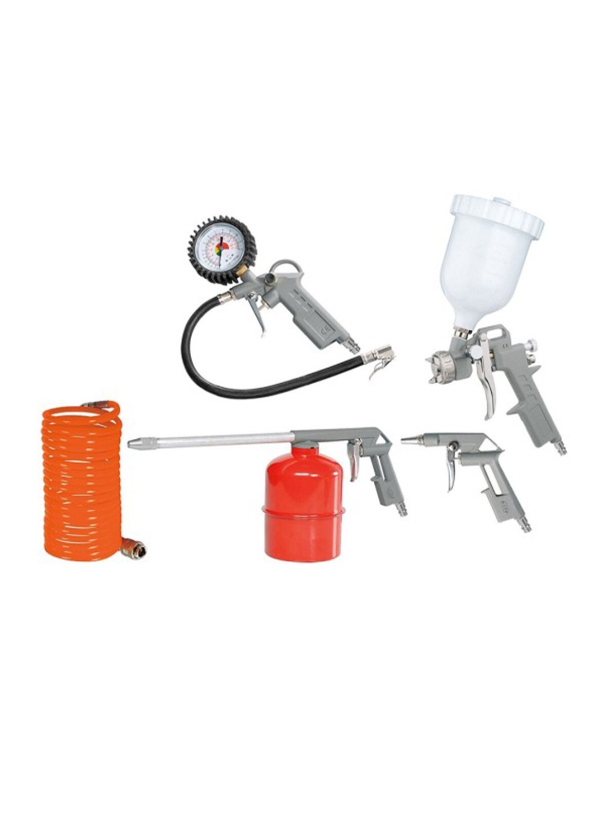 Set Aria Compressa 5 Pezzi: Pistole, Manometro e Tubo Spirale 5m