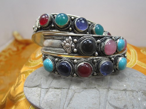 USA Seller Unisex Unique 1/2" Wide 5 Colored Stones Cuff Bracelet Nepal - Picture 2 of 13