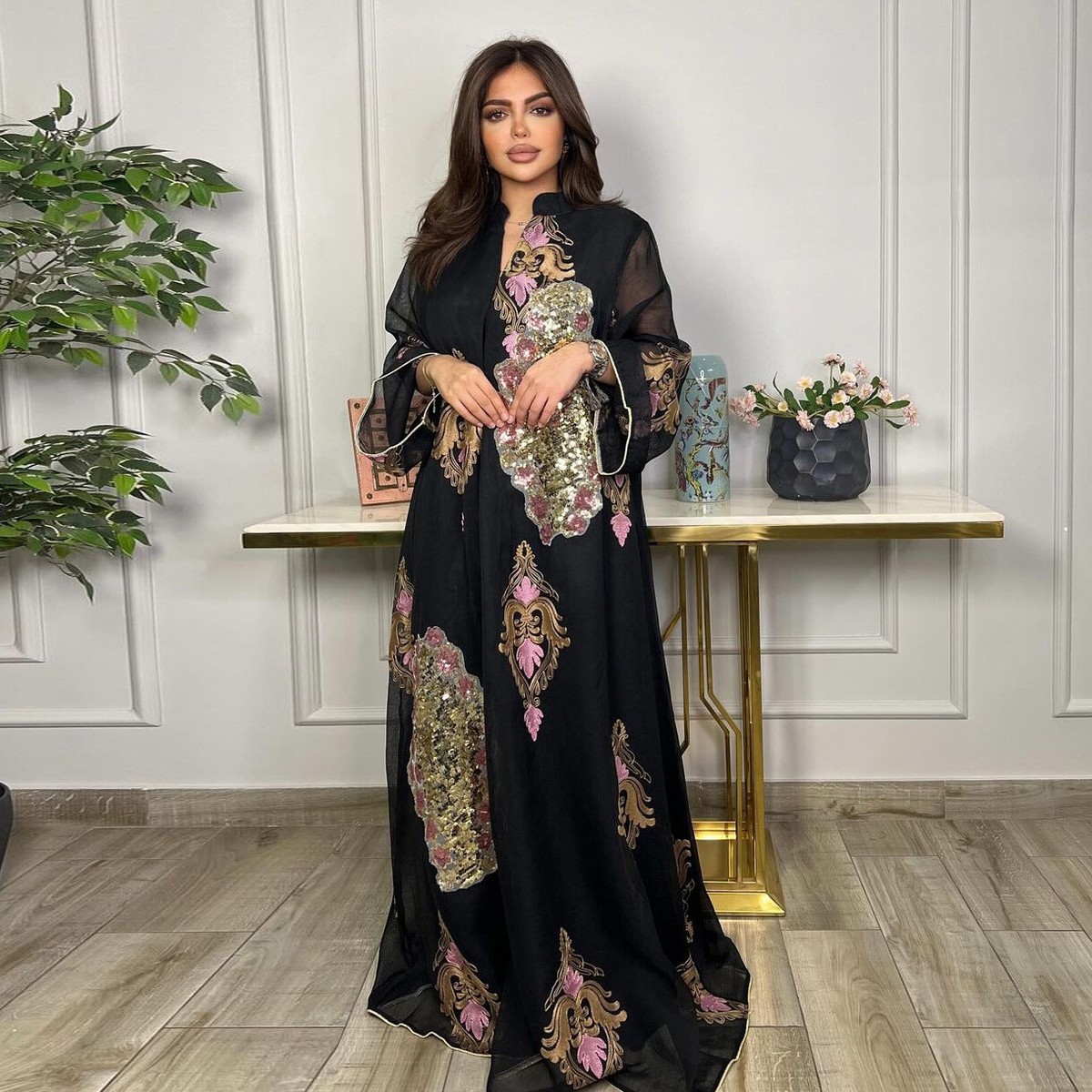 green emerald velvet dress Gold One Shoulder Ombre Sequin Kaftan Dress