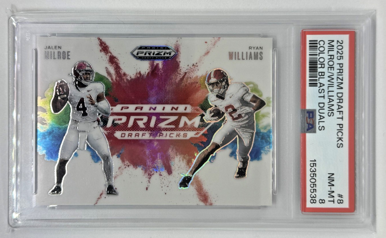 Jalen Milroe / Ryan Williams #8 Football Cards 2025 Panini Prizm Draft Picks Color Blast Dual trading card — raw and PSA graded price guide