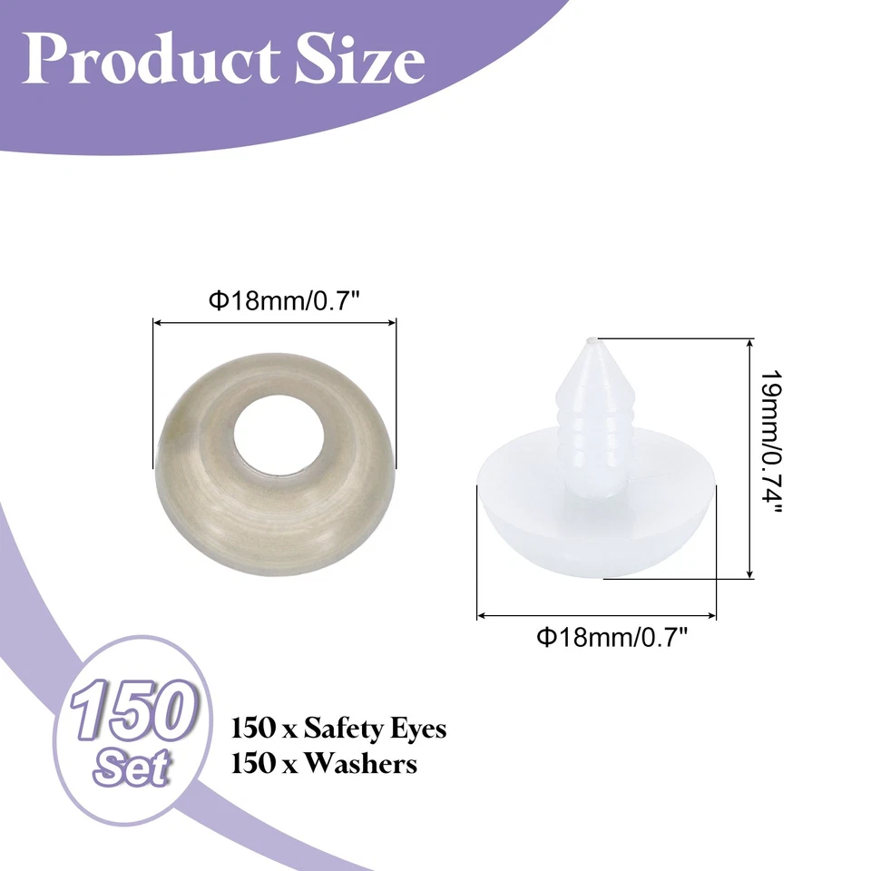 150 пластиковых защитных глазков 18 мм для вязания крючком со шайбами для животных, белые - Изображение 2 из 4