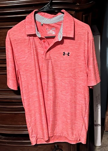 Mens Medium Pink/Orange UA Heat Gear Short Sleeve Performance Golf Polo Shirt!