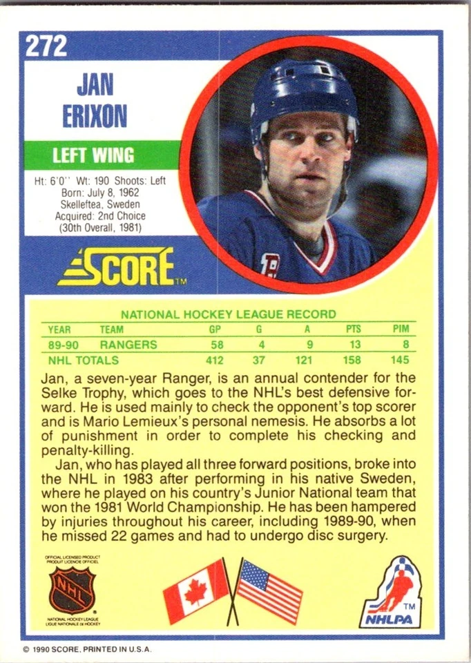 1990-91 Score - Jan Erixon #272 - Image 2 of 2