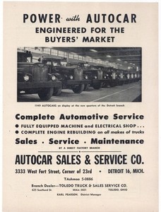 1949 Autocar Truck Sales & Service Dealership Ad.  Detroit Interior Pictured