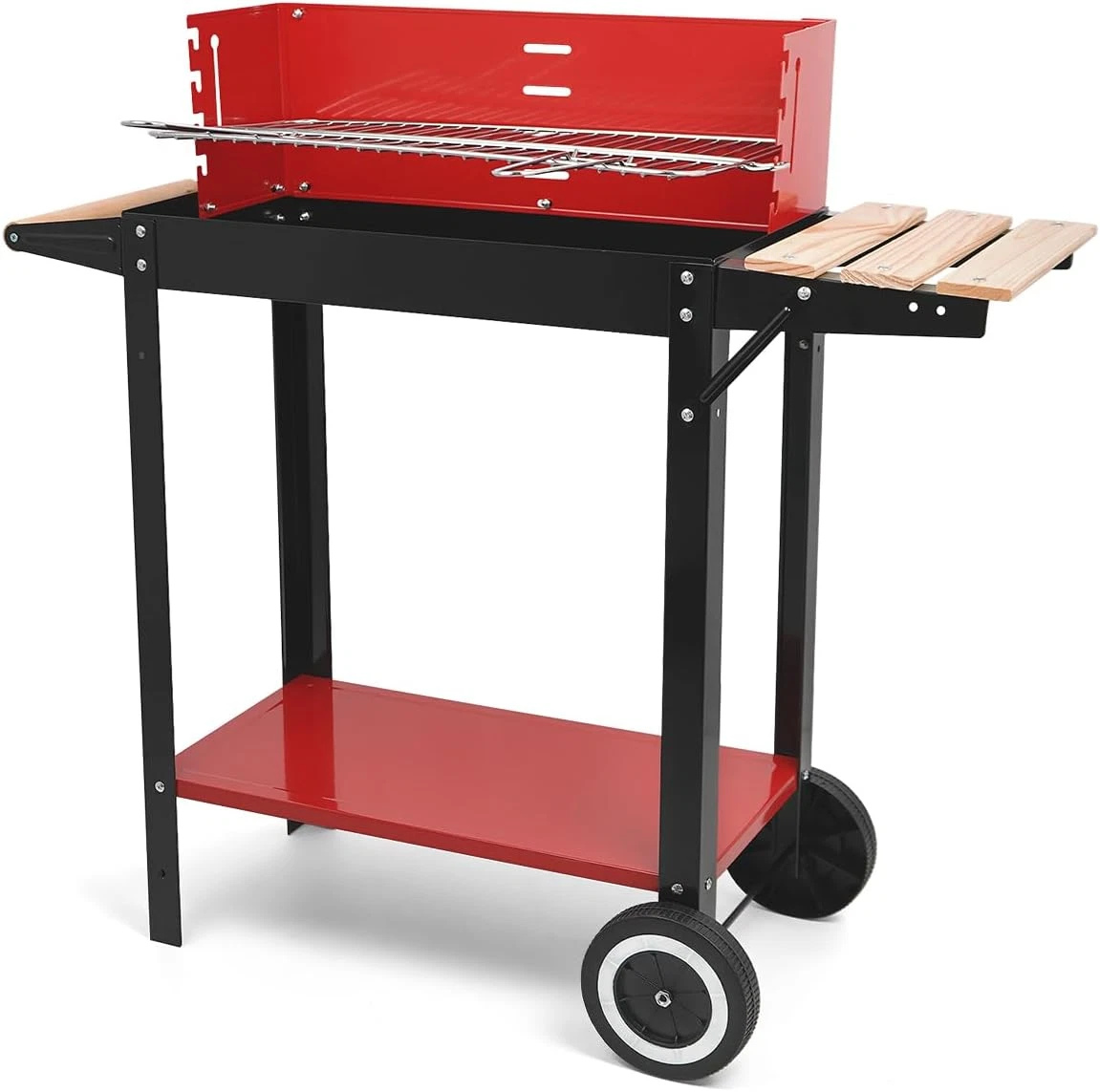 Red Portable Charcoal Grill with Wheels & Side Table for Outdoor Cooking