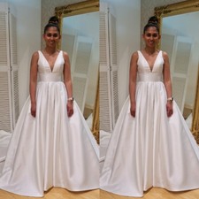 Simple Satin Wedding Dresses Sleeveless Deep V Neck Sweep Train Bridal Gowns