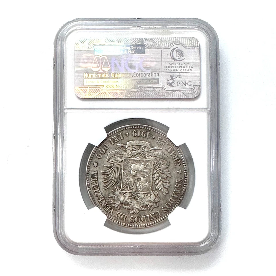 1919 VENEZUELA 5 BOLIVARES ANTIQUE SILVER COIN AU50 0.900 Silver CROWN NGC - Image 2 of 2