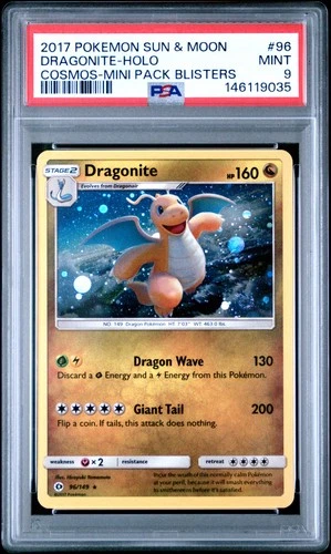 2017 POKEMON SUN & MOON COSMOS-MINI PACK BLISTERS #96 DRAGONITE-HOLO PSA 9