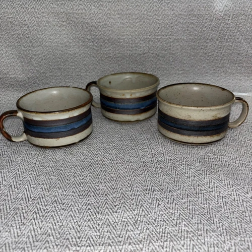 Otagiri Horizon vintage Speckled Stoneware Soup Mugs Brown & Blue Bands Set of 3