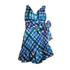 Anna Sui Womens Sleeveless Blue Purple Silk Ruffle Plaid Willcox Dress Size 10