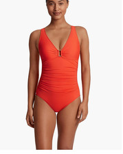 Lauren Ralph Women Beach Club Solids Ring Front Underwire One-Piece Size 16 6115
