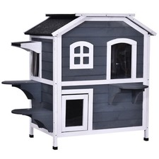 Outdoor Solid Wood Cat House 2-Stories Condo with Indoor Lounge Large Open Roof