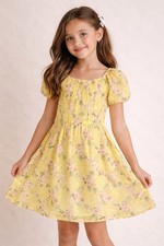 Girls Yellow Floral Dress Puff Sleeve Fit Flare Party Size L