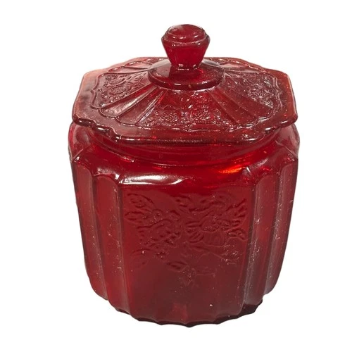 Vintage Ruby Red Pressed Glass Depression Candy Jar Embossed Floral Fruit