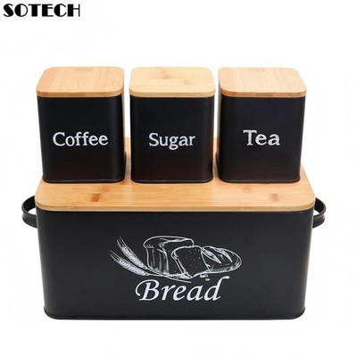 SOTECH Black Metal Bread Box Bamboo Lid 3 Jars Kitchen Countertop Storage Set