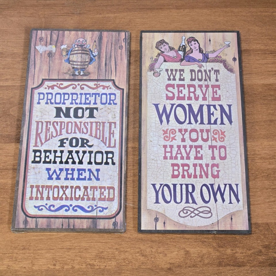 Actual vintage 70s kitsch bar signs from Taiwan — the kind of deadpan booze humor that looks perfect in a man cave or ironic bar cart corner.